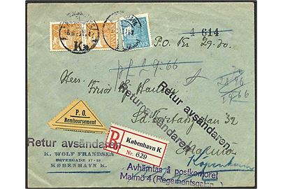 25 øre og 30 øre (par) Karavel på 85 øre frankeret anbefalet brev med opkrævning fra København d. 6.10.1928 til Malmö, Sverige. Retur som ej afhentet.