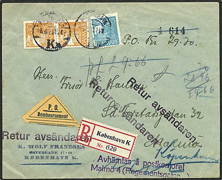 25 øre og 30 øre (par) Karavel på 85 øre frankeret anbefalet brev med opkrævning fra København d. 6.10.1928 til Malmö, Sverige. Retur som ej afhentet.
