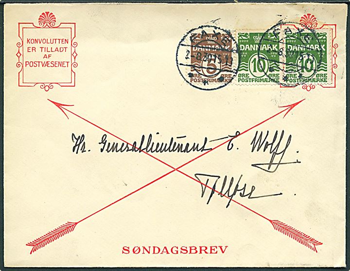 5 øre og 10 øre (par) Bølgelinie på fortrykt Søndagsbrev kuvert annulleret med brotype IIc Faxe d. 2.8.1930 (lørdag) til Tølløse.