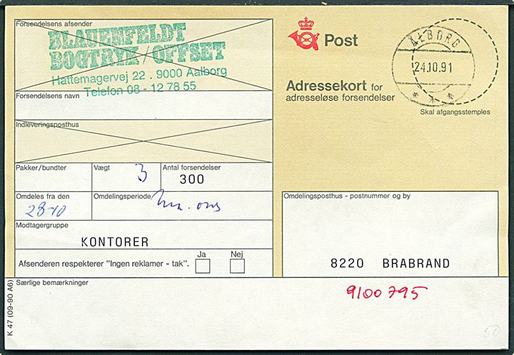 Adressekort for adresseløse forsendelser med postsparestempel Ålborg d. 24.10.1991 til Brabrand.