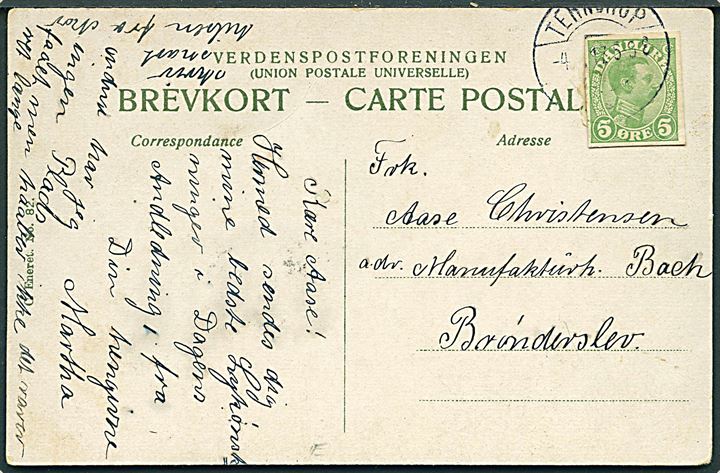 5 øre Chr. X helsagsafklip som frankering på brevkort fra Terndrup d. 4.?.1917 til Brønderslev.