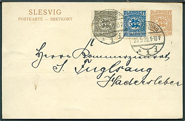 7½ pfg. Fælles udg. helsagsbrevkort opfrankeret med 2½ pfg. og 20 pfg. Fælles udg. fra Flensburg d. 25.5.1920 til Haderslev.