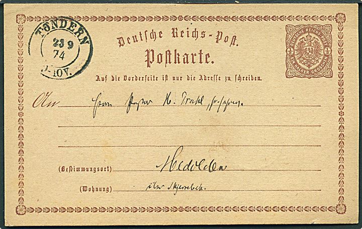 ½ gr. helsagsbrevkort annulleret med 2-ringsstempel Tondern d. 23.9.1874 til Medolden pr. Scherrebeck.