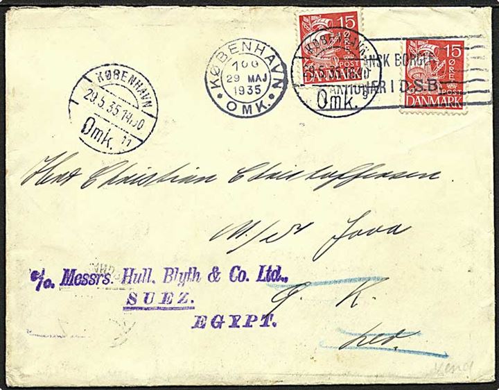 15 øre Karavel single på brev fra København d. 29.5.1935 via rederi til M/S Java. 15 øre Karavel rederiopfrankeret og eftersendt til Suez, Egypten. 