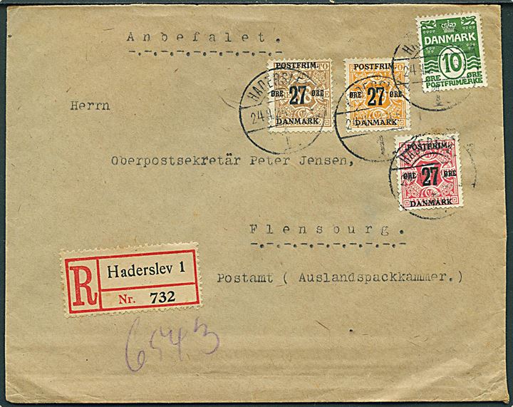 10 øre Bølgelinie, 27/7 øre, 27/29 øre og 27/68 øre Provisorium på anbefalet brev annulleret med brotype Vb Haderslev 1. d. 24.4.1924 til Flensburg, Tyskland.