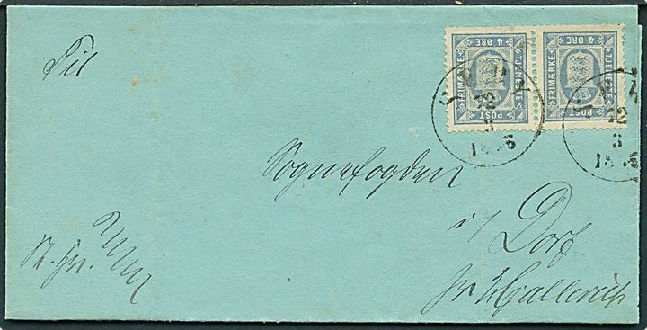 4 øre Tjenestemærke i vandret parstykke på brev annulleret med antiqua Sæby d. 12.3.1876 til Dorf pr. Hjallerup.