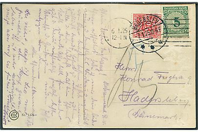 5 pfg. Rentenpfennig udg. på underfrankeret brevkort fra Kiel d. 6.1.1925 til Haderslev, Danmark. Udtakseret i porto med 25 øre Portomærke stemplet Haderslev d. 7.1.1925.