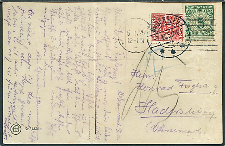 5 pfg. Rentenpfennig udg. på underfrankeret brevkort fra Kiel d. 6.1.1925 til Haderslev, Danmark. Udtakseret i porto med 25 øre Portomærke stemplet Haderslev d. 7.1.1925.