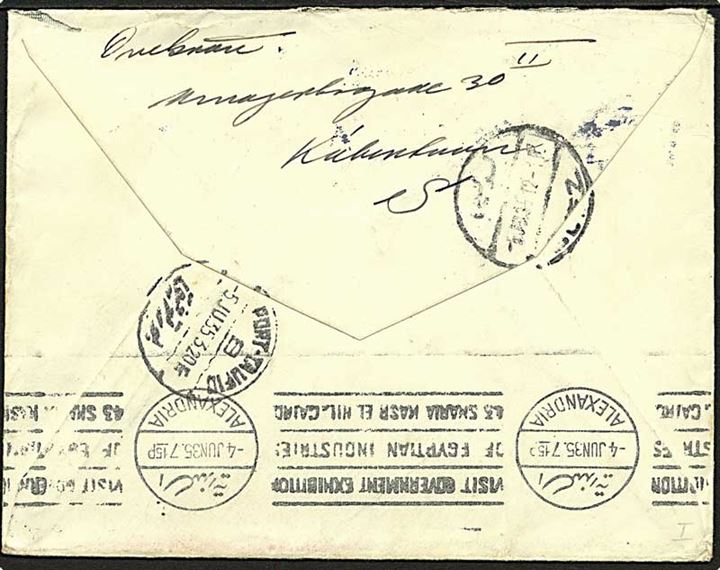 15 øre Karavel single på brev fra København d. 29.5.1935 via rederi til M/S Java. 15 øre Karavel rederiopfrankeret og eftersendt til Suez, Egypten. 