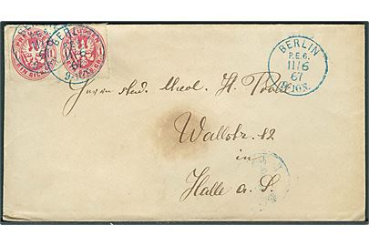 1 silb. gr. stukken kant i vandret parstykke på brev fra Berlin P.E.6 d. 11.6.1867 til Halle.
