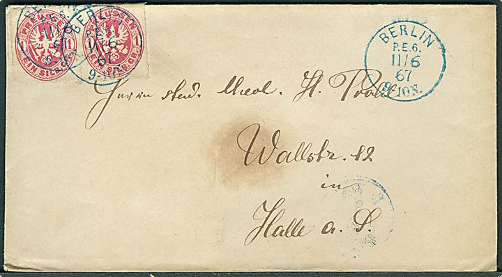 1 silb. gr. stukken kant i vandret parstykke på brev fra Berlin P.E.6 d. 11.6.1867 til Halle.