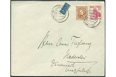 6+4 pfg., 24+16 pfg. Kölner Dom, samt 2 pfg. Berlin Notopfer, på brev fra Lübeck d. 9.4.1949 til Haderslev, Danmark. Fold.