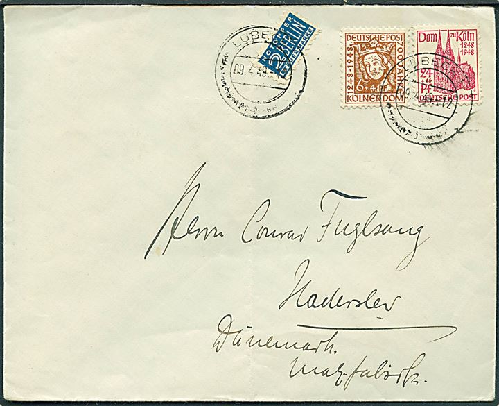 6+4 pfg., 24+16 pfg. Kölner Dom, samt 2 pfg. Berlin Notopfer, på brev fra Lübeck d. 9.4.1949 til Haderslev, Danmark. Fold.