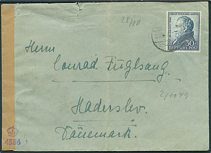 30+45 pfg. Jagemann single på brev fra Stadthagen d. 28.10.1949 til Haderslev, Danmark. Åbnet af allieret censur no. 4586. Fold.