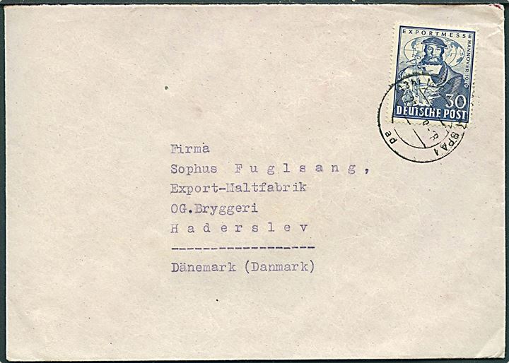 30 pfg. Hannover Exportmesse single på brev fra München d. 23.12.1949 til Haderslev, Danmark.