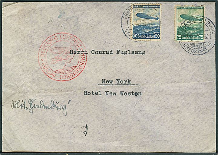 Komplet sæt LZ129 Nordamerikafahrt på luftpostbrev via luftskibet Hindenburg fra Frankfurt d. 6.5.1936 til New York, USA. Rødt flyvningsstempel: Deutsche Luftpost Europa - Nordamerika.
