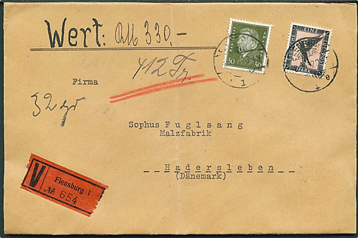 30 pfg. Ebert og 1 mk. Luftpost på værdibrev fra Flensburg d. 8.1.1932 til Haderslev. På bagsiden ank.stemplet med udslebet brotype Vd stempel Haderslev d. 8.1.1932. 