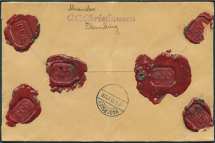 30 pfg. Ebert og 1 mk. Luftpost på værdibrev fra Flensburg d. 8.1.1932 til Haderslev. På bagsiden ank.stemplet med udslebet brotype Vd stempel Haderslev d. 8.1.1932. 
