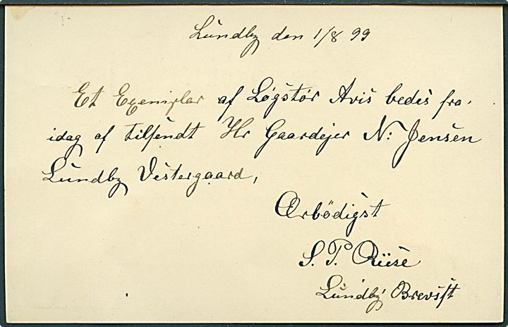 5 øre Våben helsagsbrevkort dateret Lundby annulleret med lapidar Løgstør d. 1.8.1899 til Løgstør. Sendt fra Lundby Brevsamlingssted som blev oprettet d. 15.7.1899, men først fik eget stjernestempel i 1914.