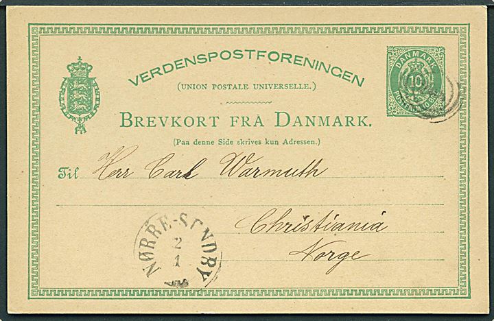 10 øre helsagsbrevkort annulleret med nr.stempel 208 og sidestemplet antiqua Nørre-Sundby d. 2.1. ca. 1880 til Christiania, Norge.