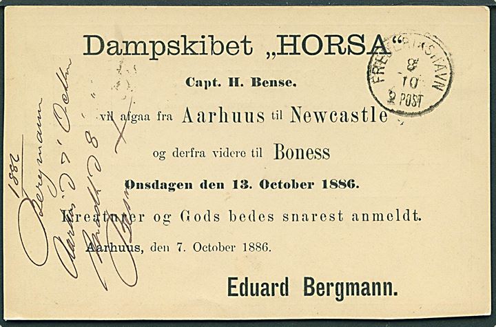 4 øre helsagsbrevkort med fortrykt advis vedr. Dampskibet Horsa annulleret med lapidar Aarhus I d. 7.10.1886 til Frederikshavn.