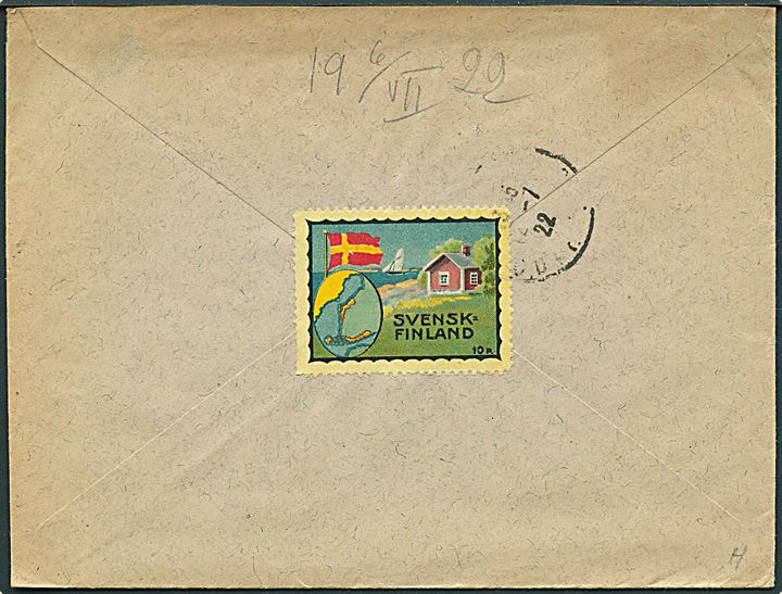 2 mk. Løve single på brev annulleret med 2-sproget stempel i Jakobstad d. 6.7.1922 til Dijon, Frankrig. På bagsiden 10 p. mærket Svenskfinland.