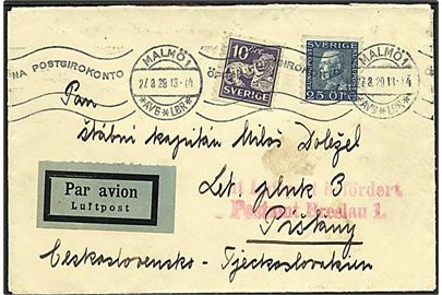 25 öre Gustaf og 10 öre Løve på luftpostbrev fra Malmö d. 27.8.1929 til Pistany, Tjekkoslovakiet. Rødt luftpoststempel: Mit Luftpost befördert Postamt Breslau 1.