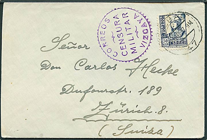 50 cts. Isabel single på brev fra Bilbao d. 22.12.1937 til Zürich, Schweiz. Lokal spansk censur fra Vizcaya.