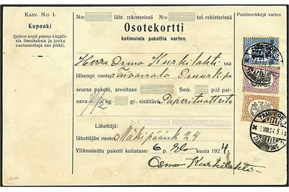 5 mk. og 10 mk. Løve udg. og 1½ mk./50 p. Provisorium på adressekort for indenrigspakke fra Tampere d. 5.8.1924 til Taivassalo.