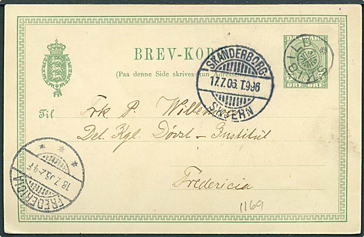 5 øre Chr. IX helsagsbrevkort annulleret med stjernestempel SKIBILD og sidestemplet bureau Skanderborg - Skjern T.996 d. 17.7.1906 til Frerdericia.