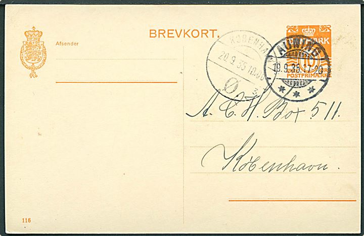 10 øre helsagsbrevkort (fabr. 116) annulleret med brotype Ic Auning d. 19.9.1935 til København. 