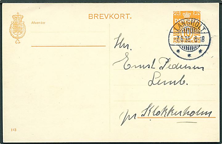 10 øre helsagsbrevkort (fabr. 113) annulleret med luxus brotype Ic Langholt d. 7.6.1935 til Klokkerholm. 