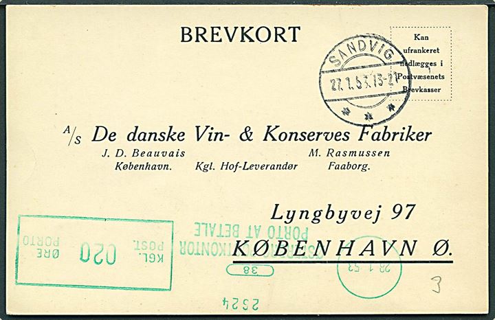 Ufrankeret svarbrevkort med brotype IIc Sandvig d. 27.1.1953 til København. Udtakseret i enkeltporto med 20 øre grønt portomaskinstempel fra Østerbro Postkontor d. 28.1.1953.