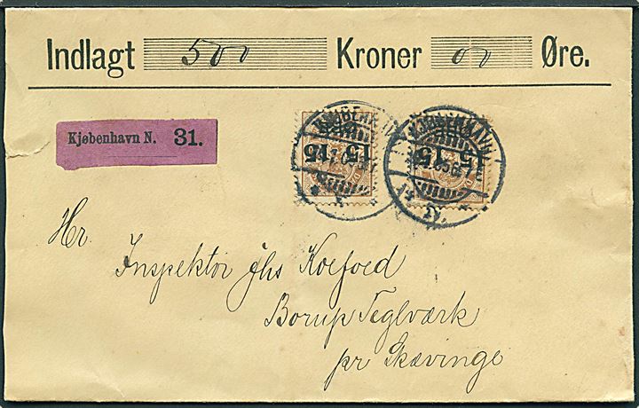 15/24 øre Provisorium (2) på værdibrev fra Kjøbenhavn d. 25.1.1905 til Borup Teglværk pr. Skævinge. På bagsiden bureaustempel Frederiksborg - Frederiksværk T.6 d. 25.1.1905.