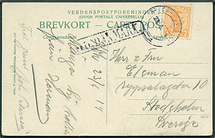 7 øre Chr. X på brevkort fra København annulleret med svensk bureaustempel PKP 83 C d. 23.4.1919 og sidestemplet Från Danmark til Stockholm, Sverige. PKP 83C var bureauet Nässjö-Malmö-Köpenhamn.