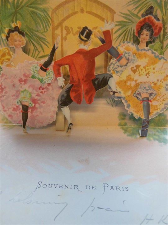 Souvenier de Paris. 3D korrespondancekort med Cancan-dansere. No. 2. Frankeret med 25 c. fra Paris d. 7.10.1901 til Uddevalla, Sverige.