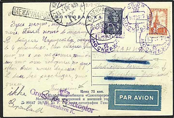 Russisk 26 kop. blandingsfrankeret luftpostbrevkort fra Moskva d. 10.7.1954 til Teglværkerne Grønland, Egernsund - fejlsendt til Grønlands Postkontor med kontorstempel (krone) Grønlands Postkontor København K.
