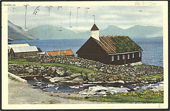 25 øre Fr. IX på brevkort (Kirkjan i Funningi) annulleret med skibsstempel København OMK / Fra Færøerne d. 21.7.1963 til Gadstrup, Danmark.