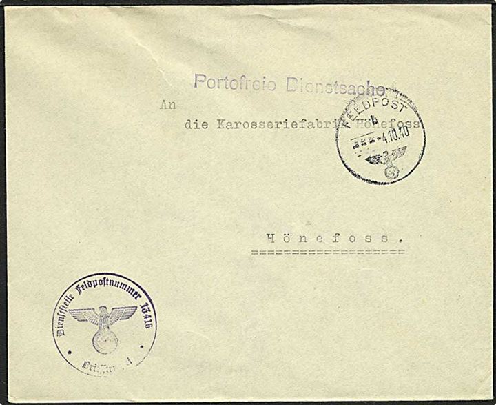 Tysk feltpostbrev stemplet Feldpost d. 4.10.1940 til Hönefoss i Norge. Stemplet Portofreie Dienstsache. Briefstempel fra Feldpost nr. 13416 = Kraftfahr-Park 463.