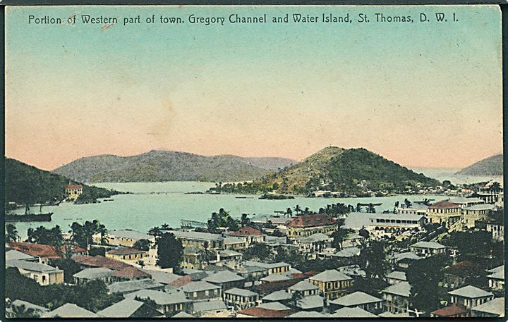 D.V.I. St. Thomas. Udsigt over byen med Gregory Channel og Water Island. Lightbourn U/no.