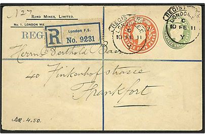 ½d + 4d Edward VII privat anbefalet helsagskuvert fra Rand Mines i London d. 10.2.1911 til Frankfurt, Tyskland. Revet på bagsiden.