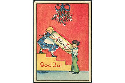 Ingeborg Klein: God Jul. Børn med pakke. U/no. 9, 9 x 7 cm. 