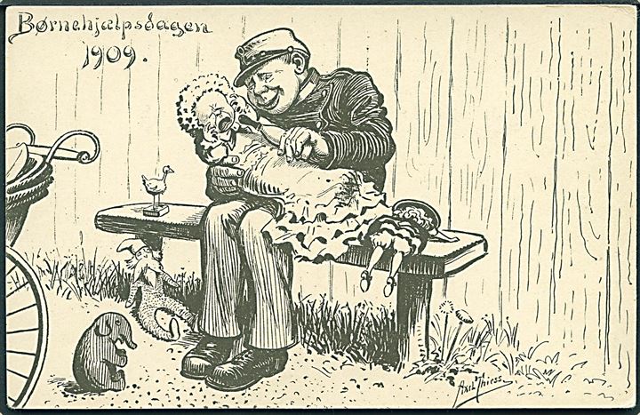 Axel Thiess: Børnehjælpsdagen 1909. Mand prøver at trøste baby. Chr. J. Cato u/no. 