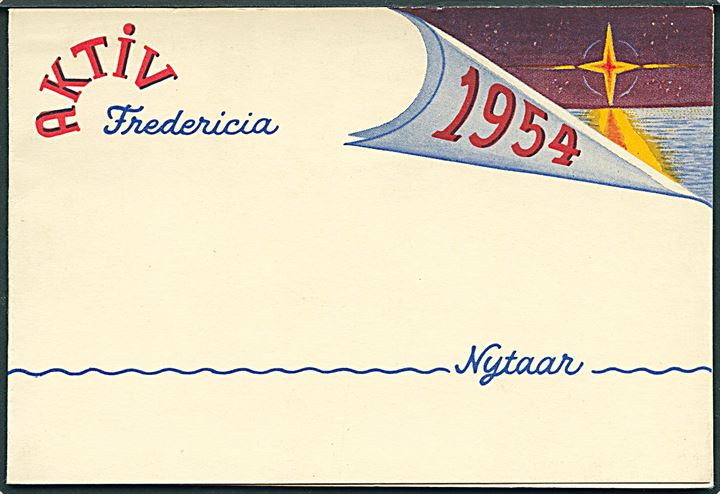 Aktiv Fredericia 1954 - Nytaar. Postkort kan åbnes. Uden adresselinier. U/no. 