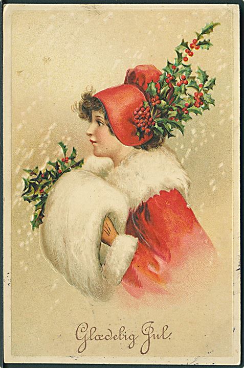 Glædelig Jul. Kvinde iført rød hat, frakke og hvid muffe. M. B. N. u/no. Prægekort. 