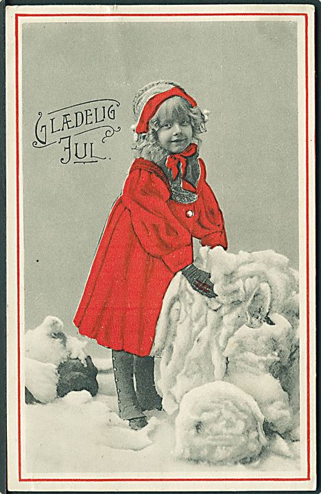 Glædelig Jul. Pige iført rød frakke, leger med sne.  Stenders u/no. 