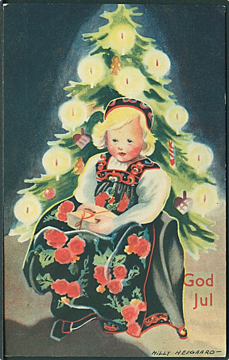 Milly Heegaard: God Jul Pige foran juletræ. Mittet & Co., serie 2643. 