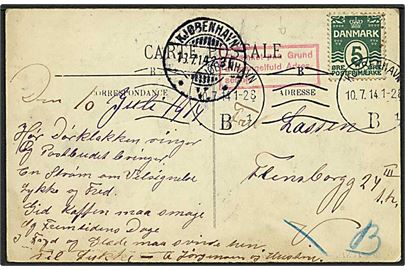 5 øre Bølgelinie single på lokalt brevkort i Kjøbenhavn d. 10.7.1914. Rødt rammestempel Forsinket paa Grund af mangelfuld Adressering..
