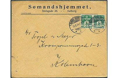 5 øre Bølgelinie i parstykke på brev fra Sømandshjemmet i Aalborg annulleret med brotype Ia Nørre-Sundby d. 15.6.1914 til København.