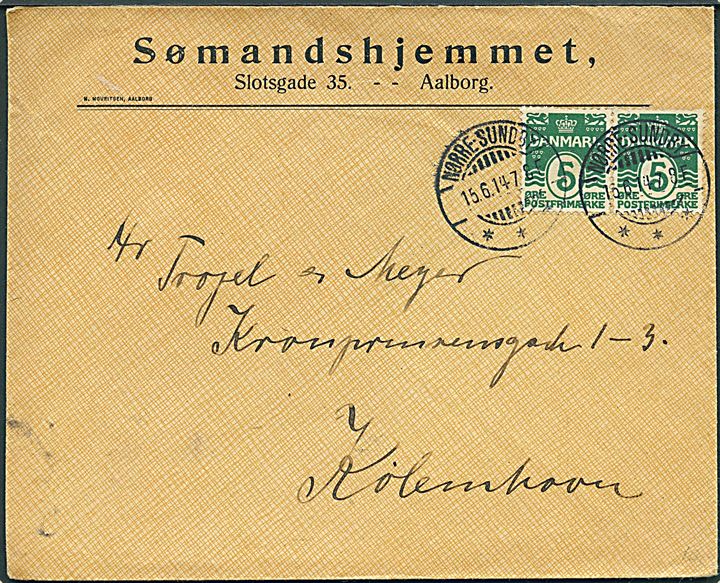 5 øre Bølgelinie i parstykke på brev fra Sømandshjemmet i Aalborg annulleret med brotype Ia Nørre-Sundby d. 15.6.1914 til København.